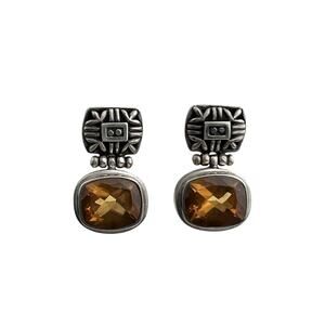 Sterling Silver Vintage Door Knocker Pierced Earrings Citrine Stone